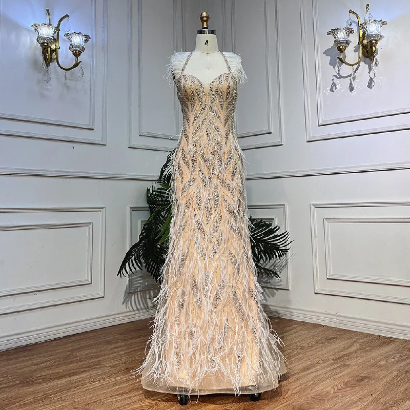 Serene Hill Nude Sexy Strap Mermaid Luxury Feather Beads Evening Dresses Dubai Gowns For Women Wedding Party 2024 LA72010 Serene Hill Nude Sexy Strap Mermaid Luxury Feather Beads Evening Dresses Dubai Gowns For Women Wedding Party 2024 LA72010