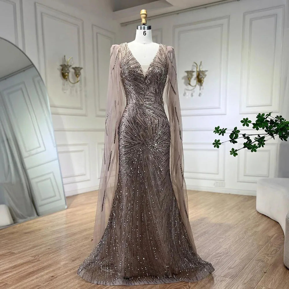 Serene Hill 2024 Caramel Mermaid Cape Sleeves Beaded Sequined Luxury Dubai Evening Dresses Gowns for Women Wedding Party LA72428 Serene Hill 2024 Caramel Mermaid Cape Sleeves Beaded Sequined Luxury Dubai Evening Dresses Gowns for Women Wedding Party LA72428