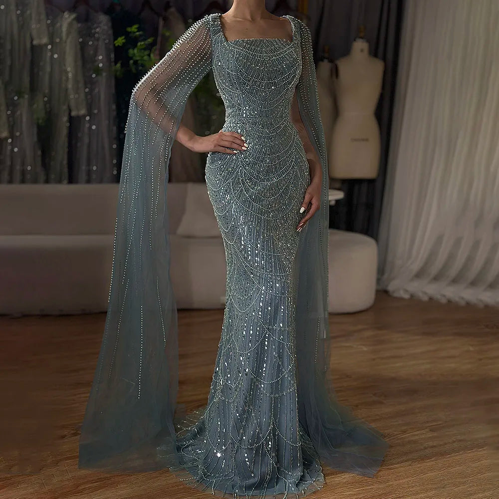 Serene Hill 2024 Saudi Arabic Turquoise Mermaid Evening Dress With Pearls Beaded Cape Sleeves For Formal Occasion LA72590A Serene Hill 2024 Saudi Arabic Turquoise Mermaid Evening Dress With Pearls Beaded Cape Sleeves For Formal Occasion LA72590A