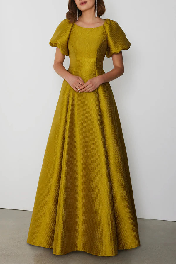 Unique satin A-line boat shaped bubble sleeves and floor length mother of the bride dress Unique satin A-line boat shaped bubble sleeves and floor length mother of the bride dress