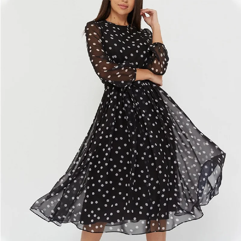 Wjczt Casual Polka Dot Print Chiffon Dress Woman High Waist Lantern Sleeve A-Line Knee-Length Dress Holiday New Fashion Wjczt Casual Polka Dot Print Chiffon Dress Woman High Waist Lantern Sleeve A-Line Knee-Length Dress Holiday New Fashion