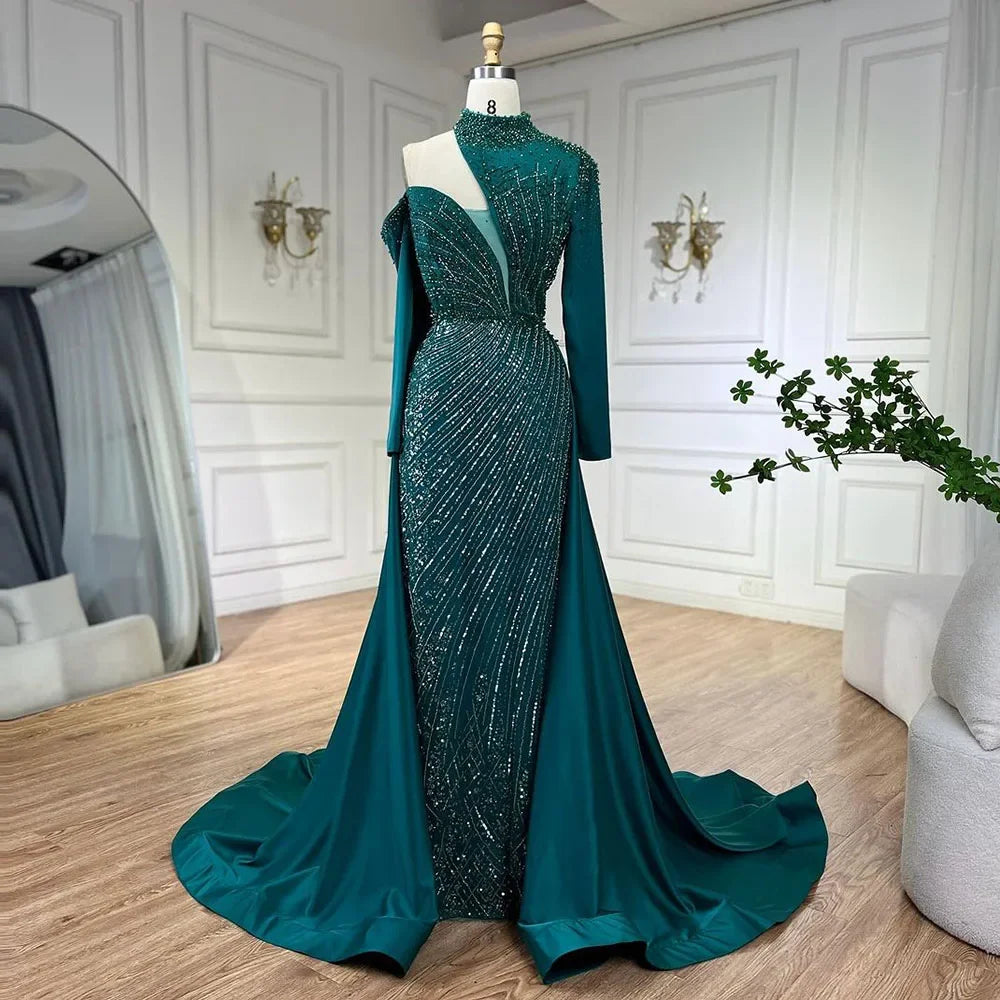 Serene Hill Arabic Green Elegant Mermaid One Shoulder Beaded Luxury Dubai Evening Dresses Gowns For Women Wedding Party LA72550 Serene Hill Arabic Green Elegant Mermaid One Shoulder Beaded Luxury Dubai Evening Dresses Gowns For Women Wedding Party LA72550