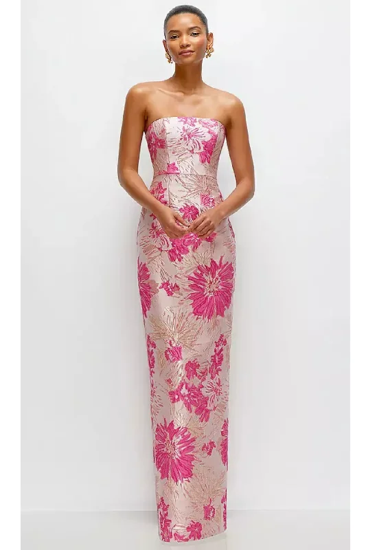 Strapless Floral Jacquard Column Dress in Hibiscus Pink