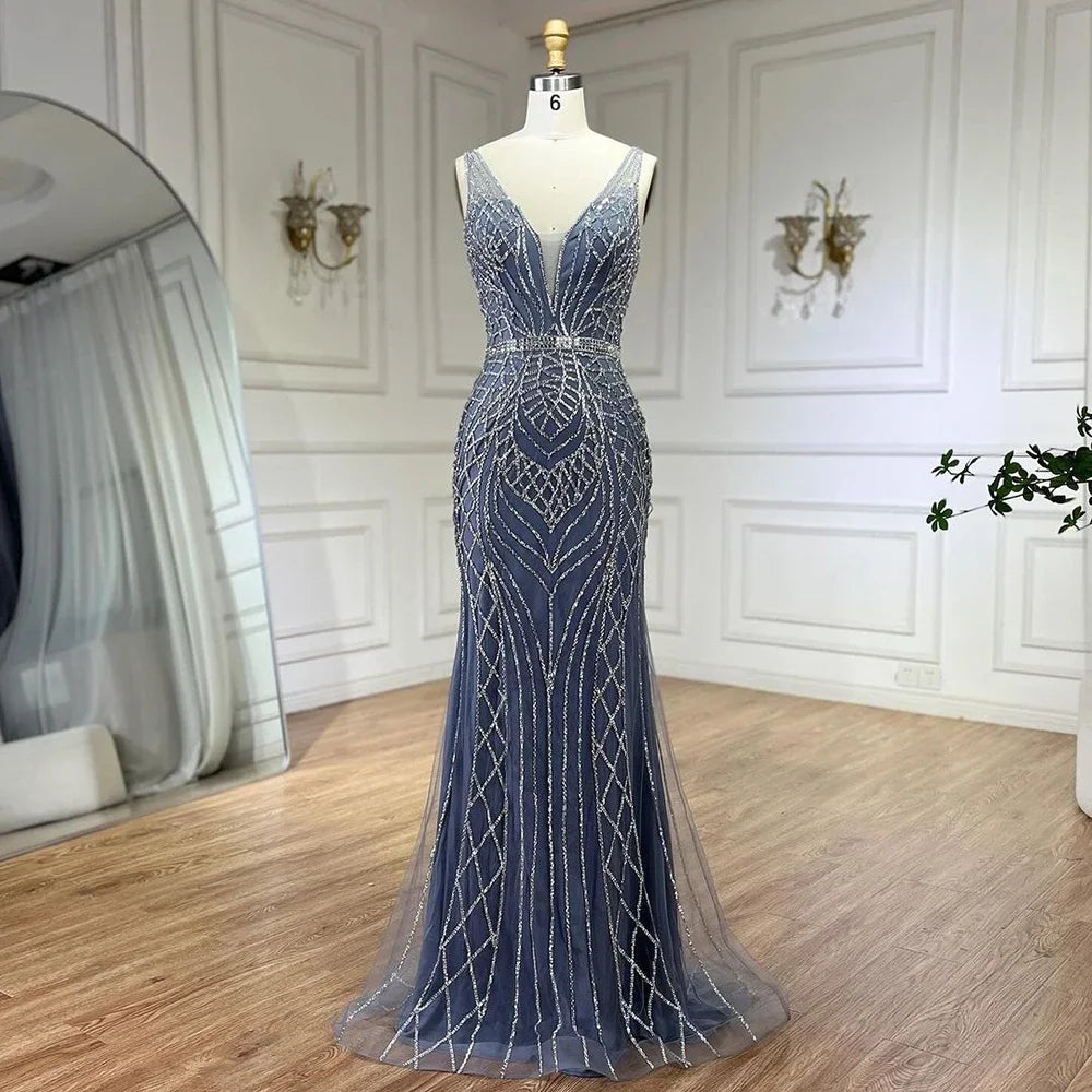 Serene Hill 2024 Blue Mermaid Elegant Spaghetti Straps Beaded Luxury Evening Dresses Gowns for Woman Wedding Party LA72450 Serene Hill 2024 Blue Mermaid Elegant Spaghetti Straps Beaded Luxury Evening Dresses Gowns for Woman Wedding Party LA72450