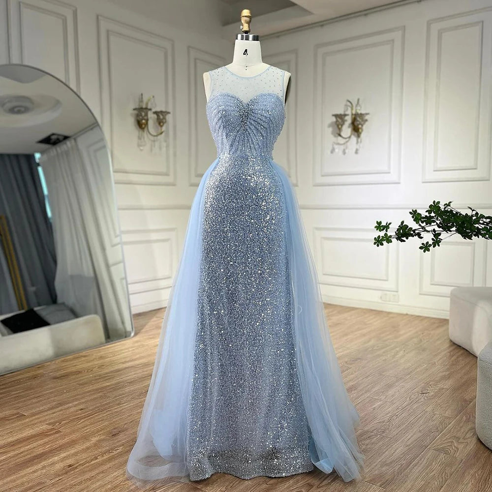 Serene Hill Dubai Arabic Mermaid Blue Elegant With Overskirt Beaded Evening Dresses Gowns for Women's Wedding Party 2024 LA72588 Serene Hill Dubai Arabic Mermaid Blue Elegant With Overskirt Beaded Evening Dresses Gowns for Women's Wedding Party 2024 LA72588