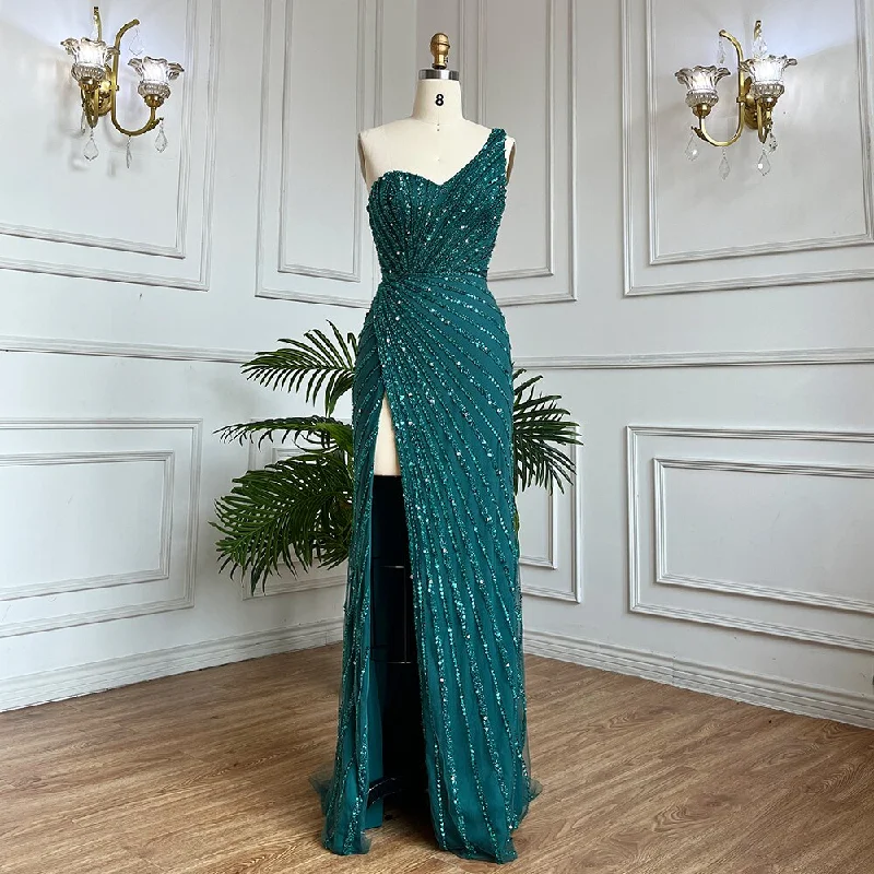 Serene Hill Arabic Green Elegant Mermaid Sexy High Split Beaded Long Evening Dresses Gowns 2024 For Women Wedding Party LA71779A