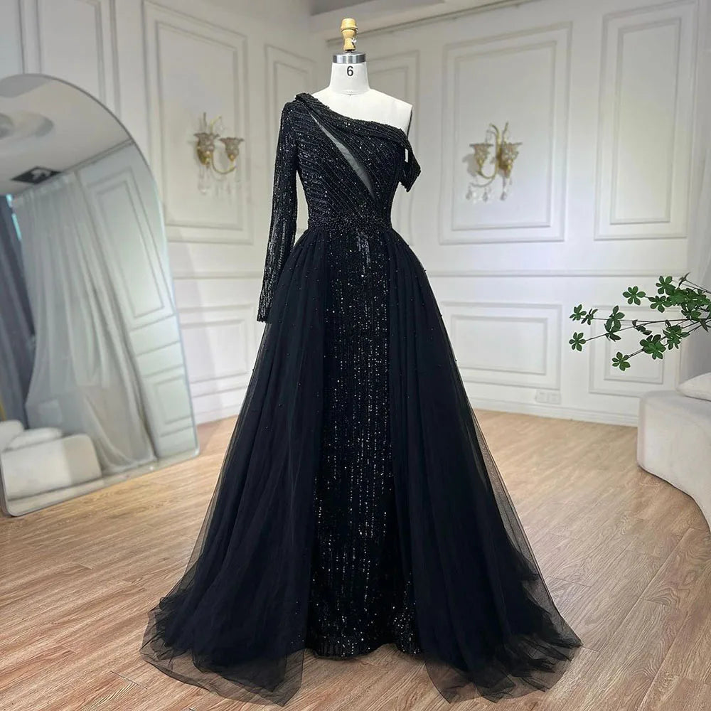 Serene Hill 2024 Black One-Shoulder With Overskirt Luxury Beaded Formal Occasion Evening Dresses Gowns for Women Party LA72424A Serene Hill 2024 Black One-Shoulder With Overskirt Luxury Beaded Formal Occasion Evening Dresses Gowns for Women Party LA72424A