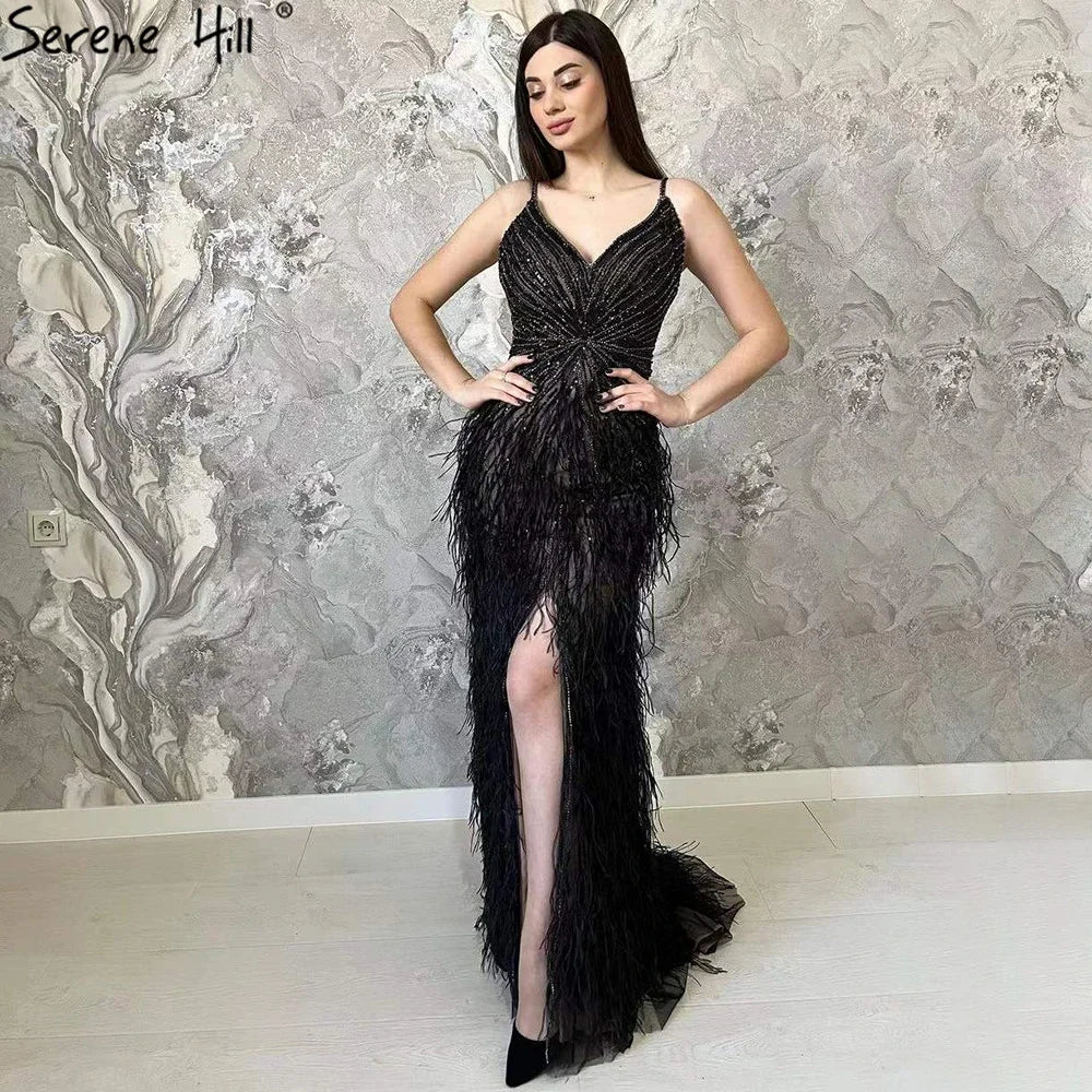 Serene Hill Arabic Black Spaghetti Strap Split Feathers Beaded Mermaid Evening Dresses Gownsfor Women Wedding Party 2024 LA70623