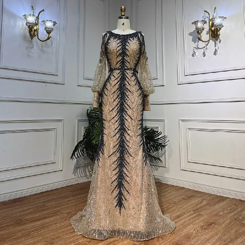 Serene Hill Nude O-neck Long Sleeves Cold Shoulder Evening Dresses Mermaid Beaded Party Gowns For Women LA72008 Serene Hill Nude O-neck Long Sleeves Cold Shoulder Evening Dresses Mermaid Beaded Party Gowns For Women LA72008