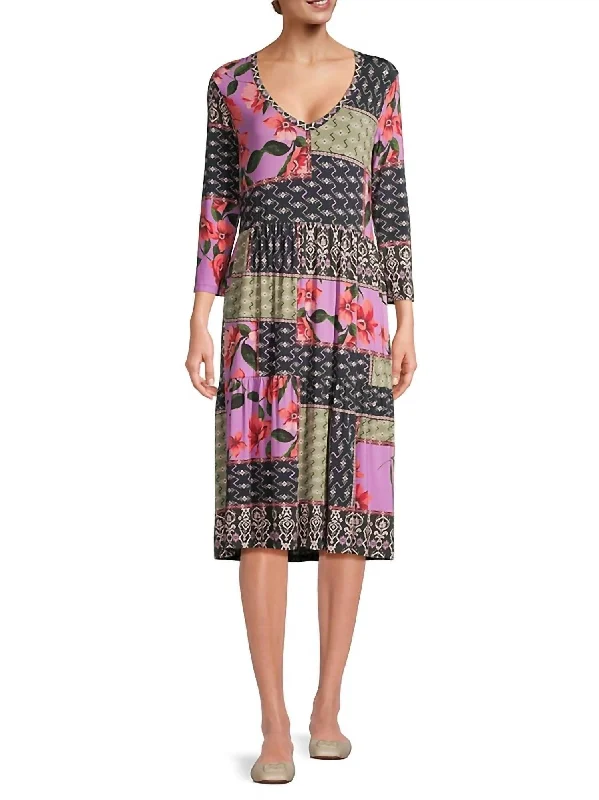 Zanda 3/4 Sleeve Tiered Tea Length Dress In Multi