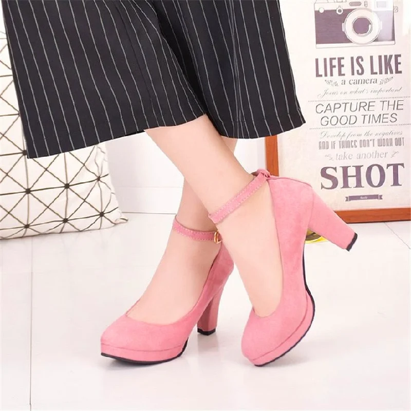 Wjczt Autumn Thick Heels Work Women Pumps Fashion Platform Flock Shallow Shoes Woman Ankle Strap Pointy Toe Ladies Wedding Shoes Dress