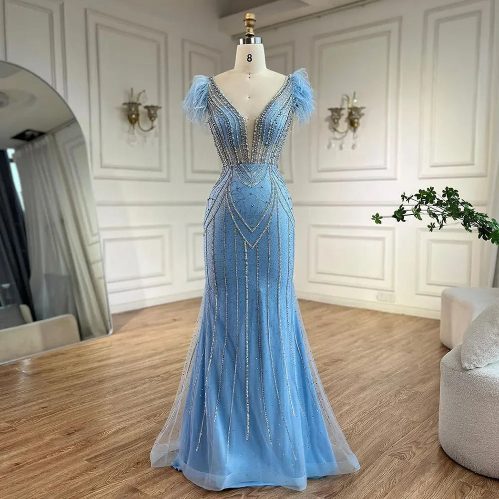 Serene Hill Luxury Dubai Blue Strapless Mermaid Evening Dresses Gowns Pearls Feathers Beaded for Women Wedding Party LA72578 Serene Hill Luxury Dubai Blue Strapless Mermaid Evening Dresses Gowns Pearls Feathers Beaded for Women Wedding Party LA72578