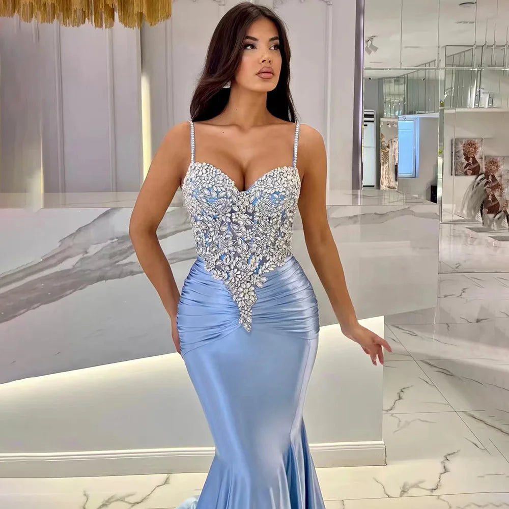 Serene Hill 2024 Arabic Blue Spaghetti Strap Satin Mermaid Gown Luxury Beaded Saudi Evening Dress for Formal Occasion LA72729 Serene Hill 2024 Arabic Blue Spaghetti Strap Satin Mermaid Gown Luxury Beaded Saudi Evening Dress for Formal Occasion LA72729
