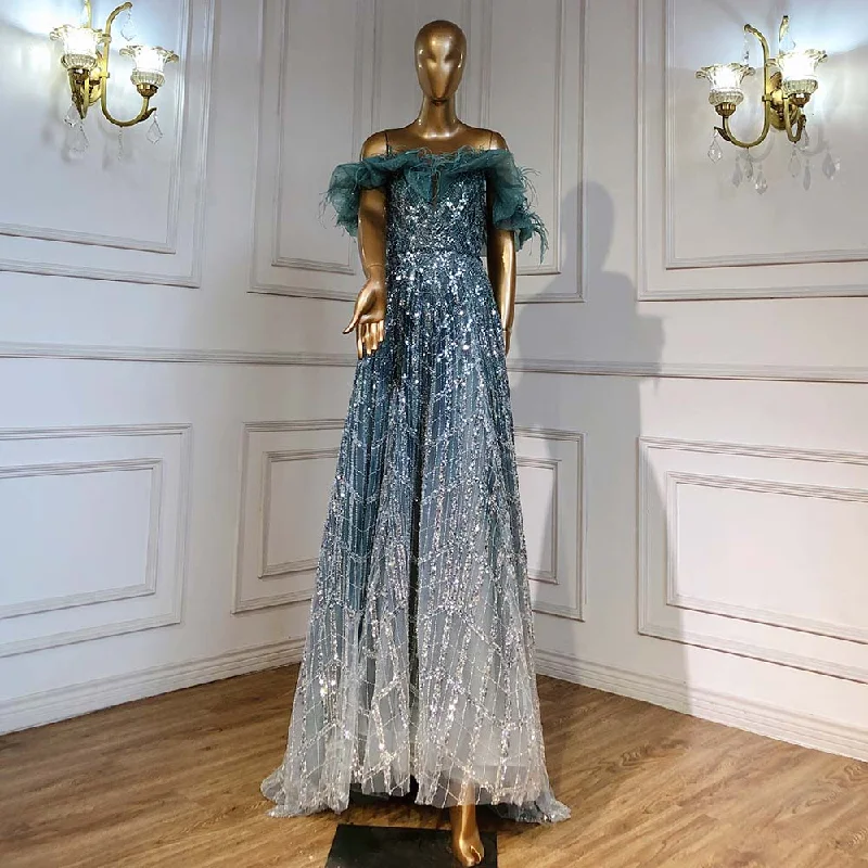 On Sale  no return no refund Serene Hill Turquoise A-Line Luxury Evening Dresses Gowns 2024 Feather Beaded Sweetheart For Women Party LA71497