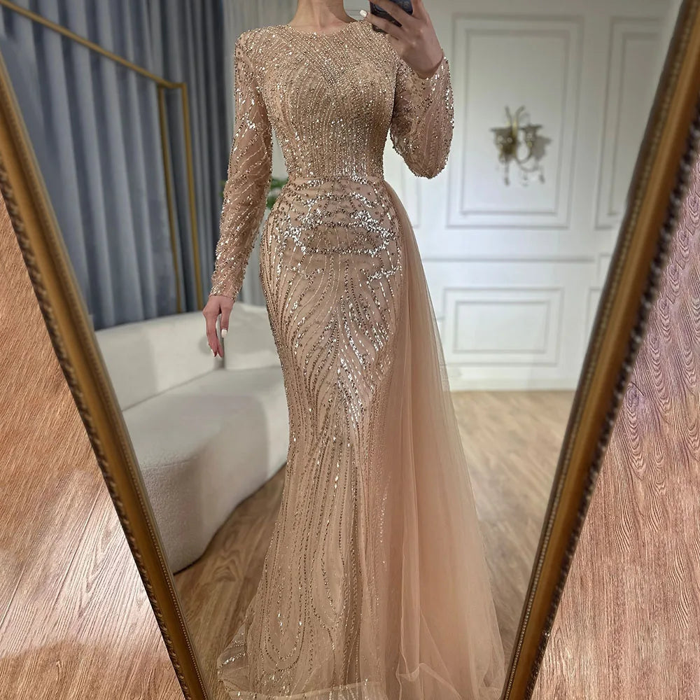 Serene Hill Customized Caramel Beaded Mermaid Long Arabic Evening Dresses Gowns With Overskirt for Formal Occasion 2025 LA71673A Serene Hill Customized Caramel Beaded Mermaid Long Arabic Evening Dresses Gowns With Overskirt for Formal Occasion 2025 LA71673A