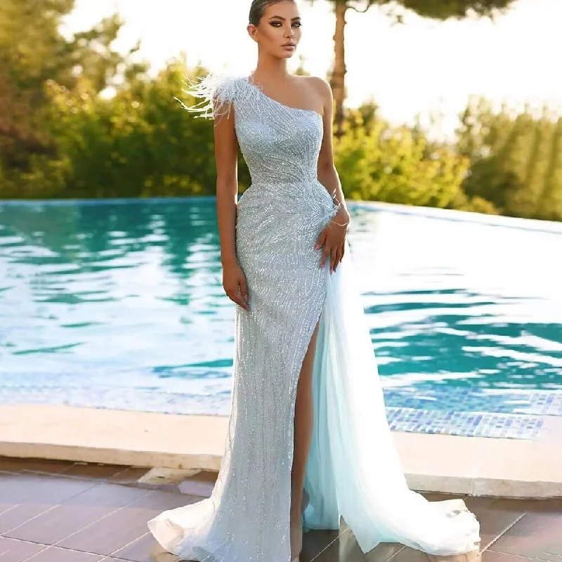 Serene Hill Turquoise Mermaid Sexy High Split With Skirt Beaded Feathers Evening Dresses Gowns 2024 For Women Party LA71955 Serene Hill Turquoise Mermaid Sexy High Split With Skirt Beaded Feathers Evening Dresses Gowns 2024 For Women Party LA71955