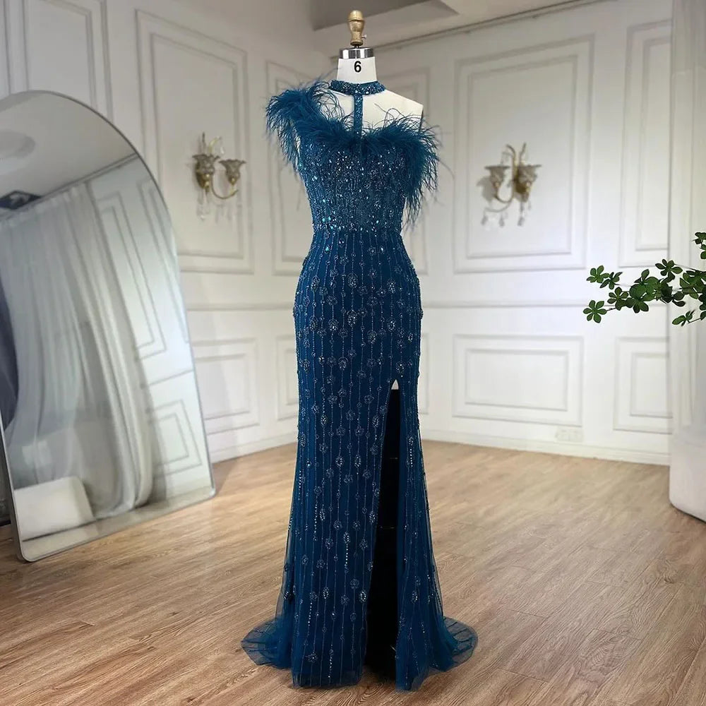 Serene Hill 2024 Gray Elegant Halter Feathers Beaded Luxury Mermaid High Split Evening Dresses Party Gowns for Women LA72452 Serene Hill 2024 Gray Elegant Halter Feathers Beaded Luxury Mermaid High Split Evening Dresses Party Gowns for Women LA72452