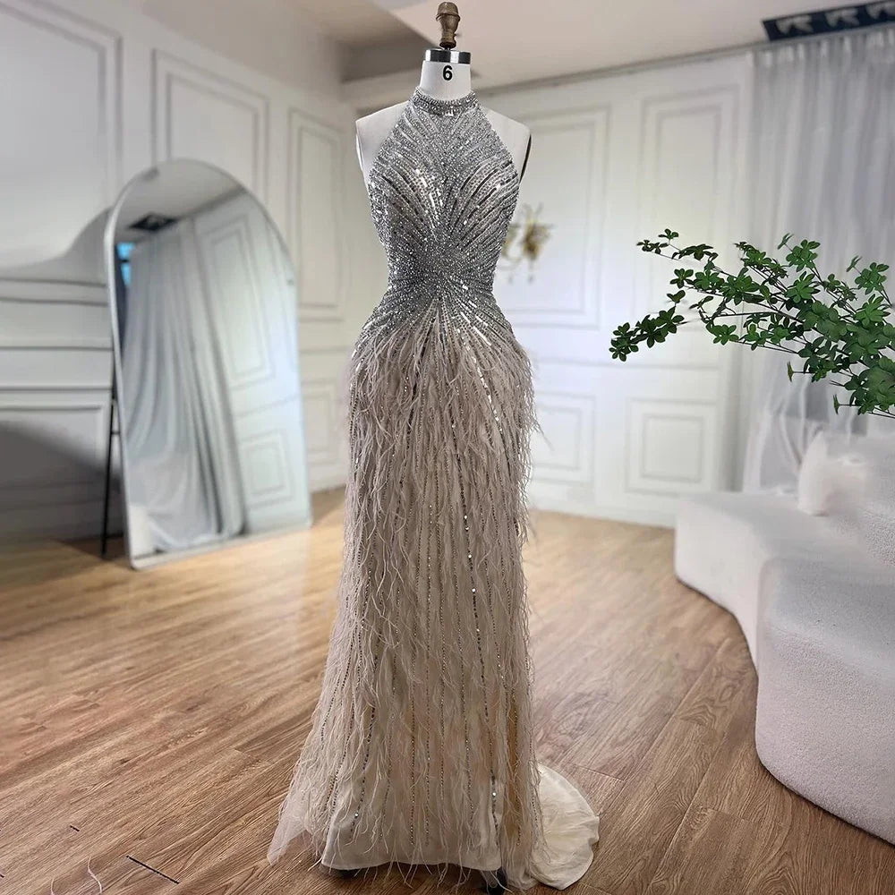 Serene Hill Dubai Halter Beige Feathers Beaded Formal Luxury Mermaid Evening Dresses For Women Wedding Party 2024 LA70623A Serene Hill Dubai Halter Beige Feathers Beaded Formal Luxury Mermaid Evening Dresses For Women Wedding Party 2024 LA70623A
