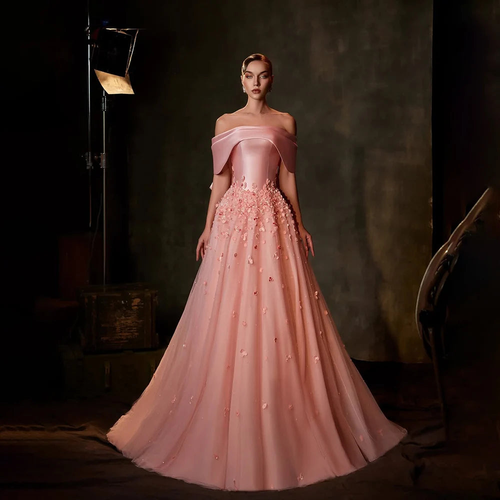 Serene Hill 2025 Customized Arabia Peach Off-the-Shoulder A-Line Satin Appliques Evening Dress Gown for Formal Occasion LA72830 Serene Hill 2025 Customized Arabia Peach Off-the-Shoulder A-Line Satin Appliques Evening Dress Gown for Formal Occasion LA72830