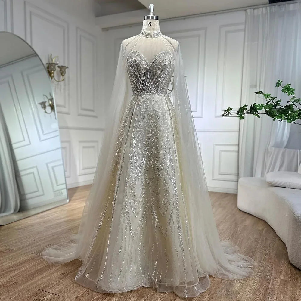 Serene Hill Dubai Yellow Cape Sleeves Elegant A Line Luxury Beaded Evening Dresses Gowns For Women wedding Party 2024 LA72308 Serene Hill Dubai Yellow Cape Sleeves Elegant A Line Luxury Beaded Evening Dresses Gowns For Women wedding Party 2024 LA72308