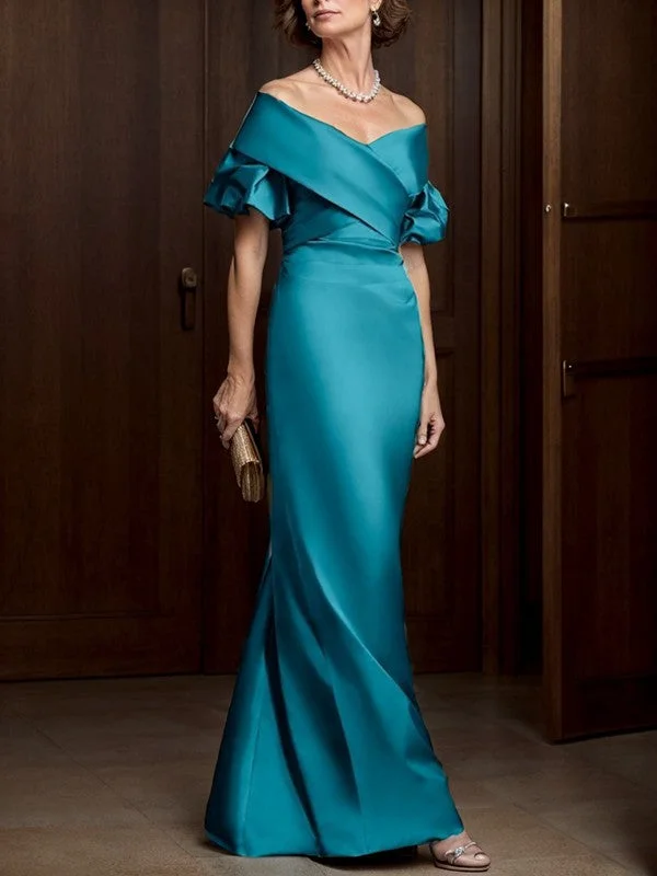 Pleated/column pleated off shoulder short sleeved satin mop mother of the bride dress Pleated/column pleated off shoulder short sleeved satin mop mother of the bride dress