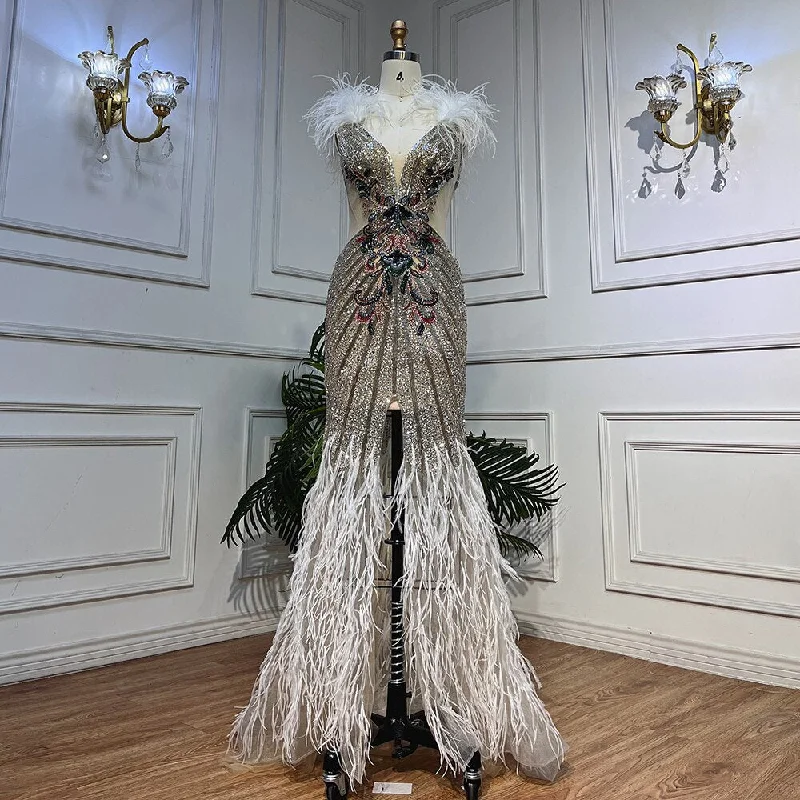 Serene Hill Silver Sexy High Split Deep Mermaid Luxury Feather Beads Evening Dresses Gowns For Women Wedding Party 2024 LA72011 Serene Hill Silver Sexy High Split Deep Mermaid Luxury Feather Beads Evening Dresses Gowns For Women Wedding Party 2024 LA72011