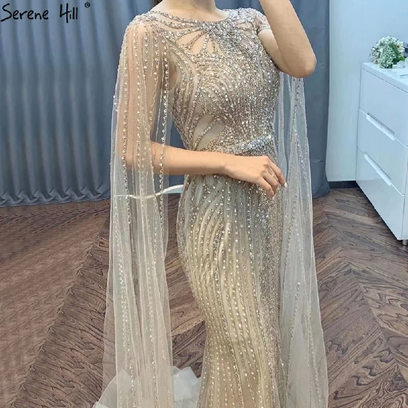Serene Hill Brown Mermaid Elegant 2024 With Cape Sleeves Beaded Luxury Evening Dresses Gowns For Women Party LA70638