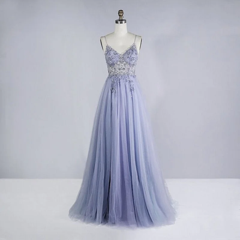 Wjczt Beaded Crystal Prom Dresses 2023 Long Sexy See Through A-Line Split Tulle V Neck Spaghetti Strap Evening Formal Gown Wjczt Beaded Crystal Prom Dresses 2023 Long Sexy See Through A-Line Split Tulle V Neck Spaghetti Strap Evening Formal Gown