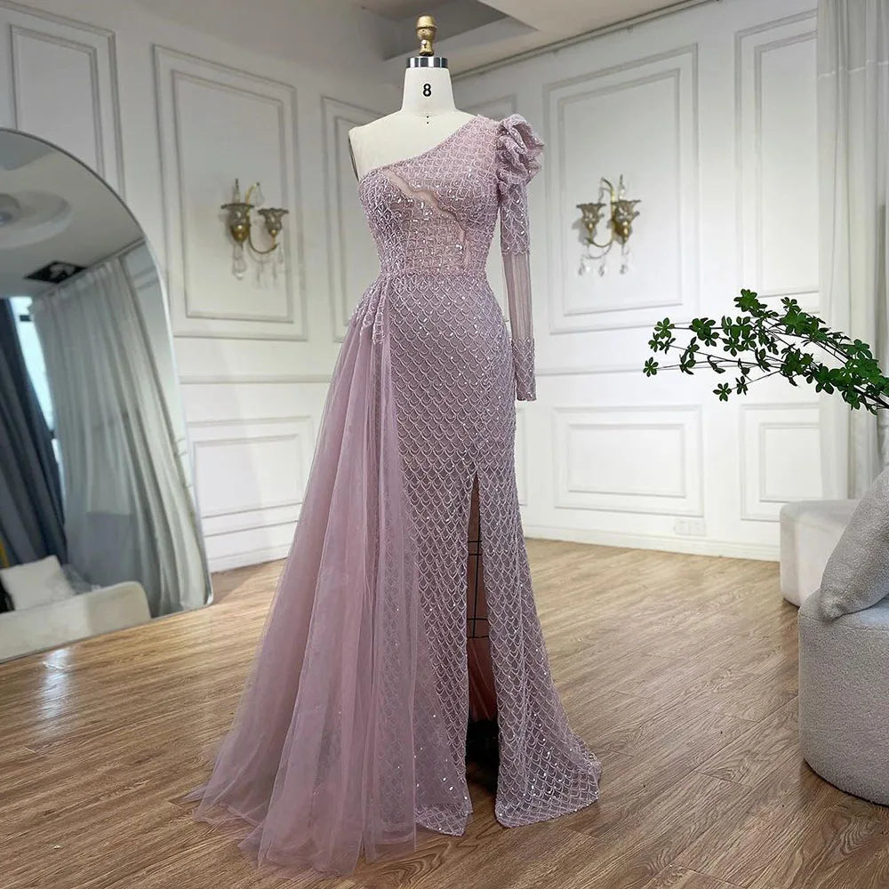 Serene Hill Arabic Pink Mermaid Elegant One Shoulder Beaded Luxury Evening Dresses Gowns For Women Wedding Party 2024 LA72561 Serene Hill Arabic Pink Mermaid Elegant One Shoulder Beaded Luxury Evening Dresses Gowns For Women Wedding Party 2024 LA72561