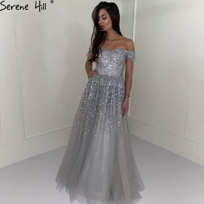 Serene Hill Grey Luxury A-Line Evening Dresses Gowns 2024 Beaded Bling Sexy For Women Wedding Party LA70802