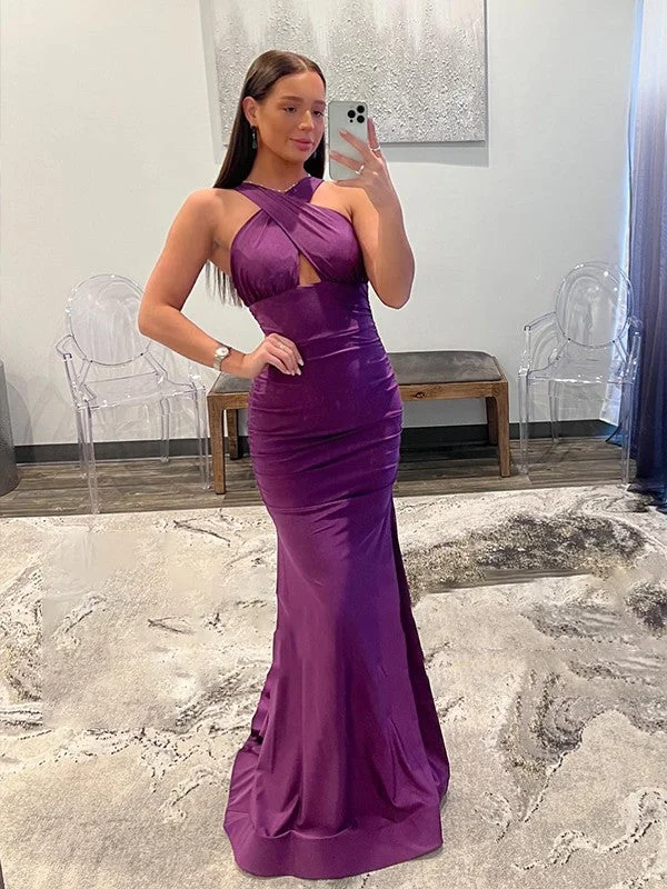 Sheath/Column Jersey Ruched Halter Sleeveless Sweep/Brush Train Dresses