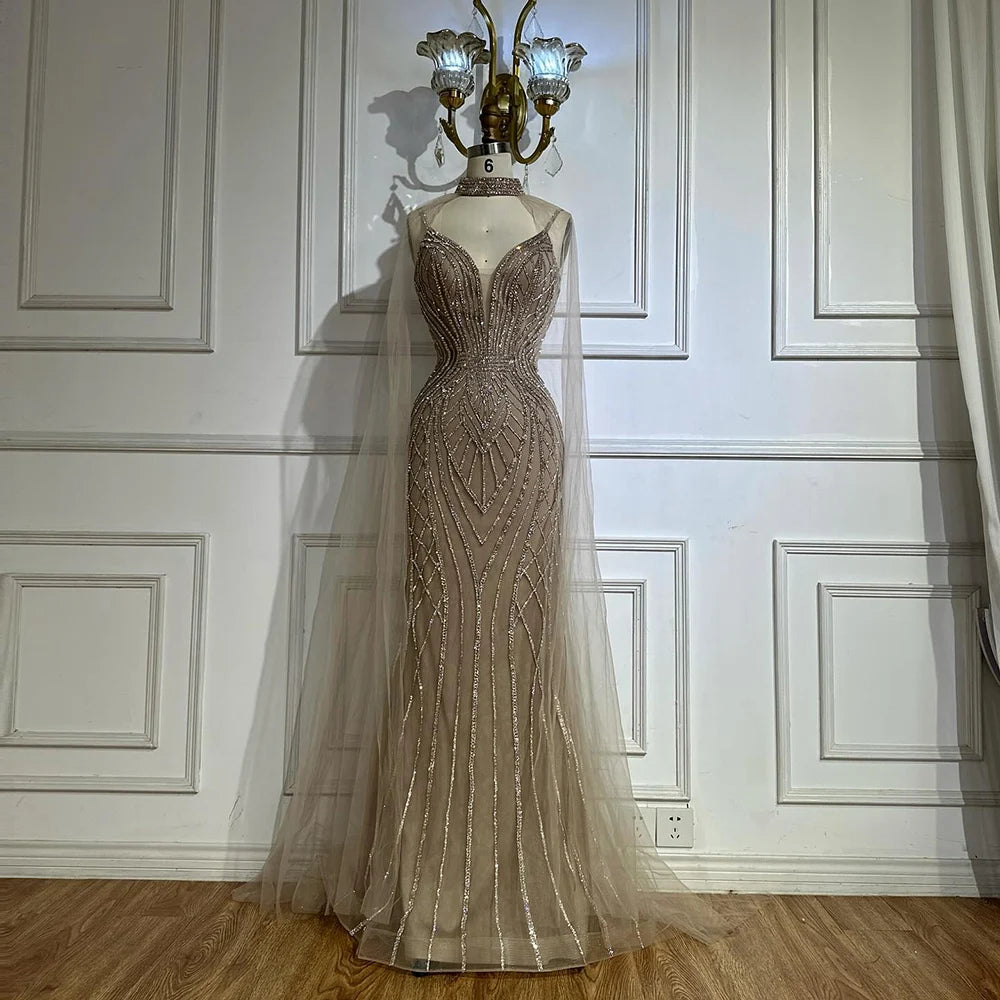Serene Hill 2025 Customized Saudi Caramel Mermaid Arabic Evening Dresses with Beaded Cape Sleeves for Formal Occasion LA72852 Serene Hill 2025 Customized Saudi Caramel Mermaid Arabic Evening Dresses with Beaded Cape Sleeves for Formal Occasion LA72852