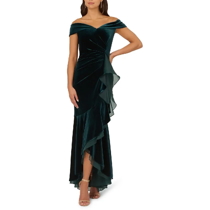 Womens Velvet Off-The-Shoulder Evening Dress