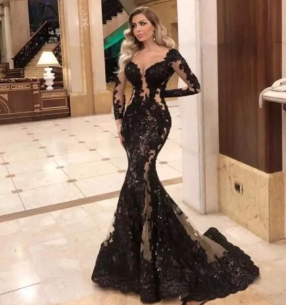 Sexy See Through Long Sleeve Mermaid Prom Dresses Red Tassels Illusion Back Formal Dress Evening Vestido De Festa HA2505