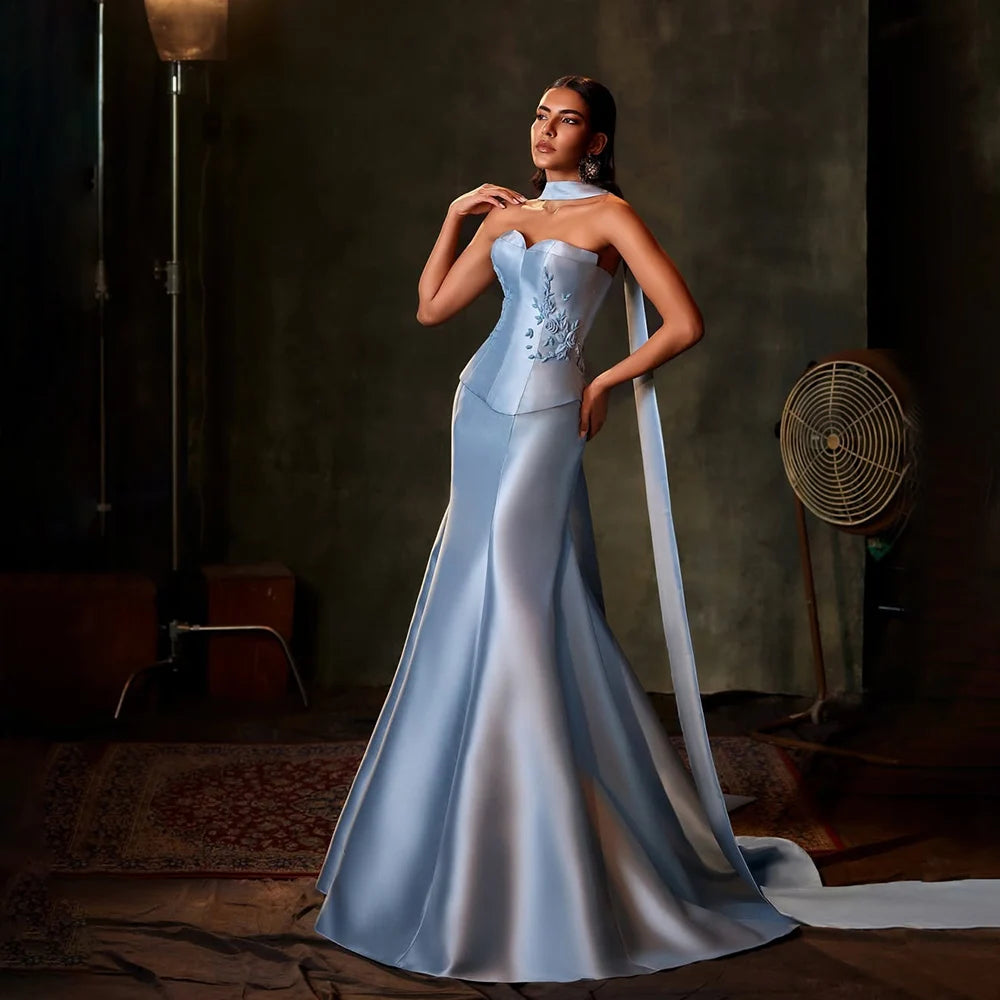 Serene Hill 2025 Customized Saudi Blue Strapless Mermaid Satin Evening Dress Gown with Long Scarf for Formal Occasion LA72831 Serene Hill 2025 Customized Saudi Blue Strapless Mermaid Satin Evening Dress Gown with Long Scarf for Formal Occasion LA72831
