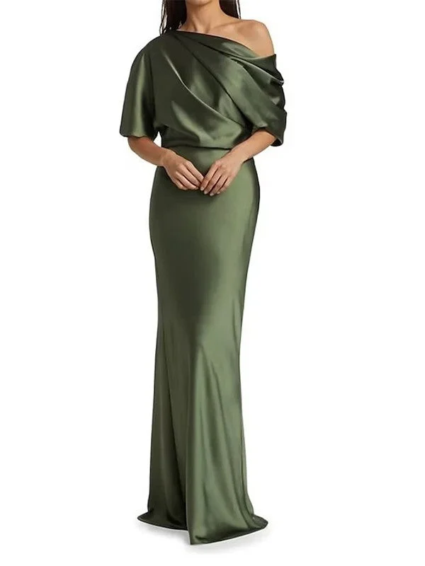 Tight fit/columnar woven satin pleats on one shoulder 1/2 sleeves and floor length mother of the bride dresses Tight fit/columnar woven satin pleats on one shoulder 1/2 sleeves and floor length mother of the bride dresses