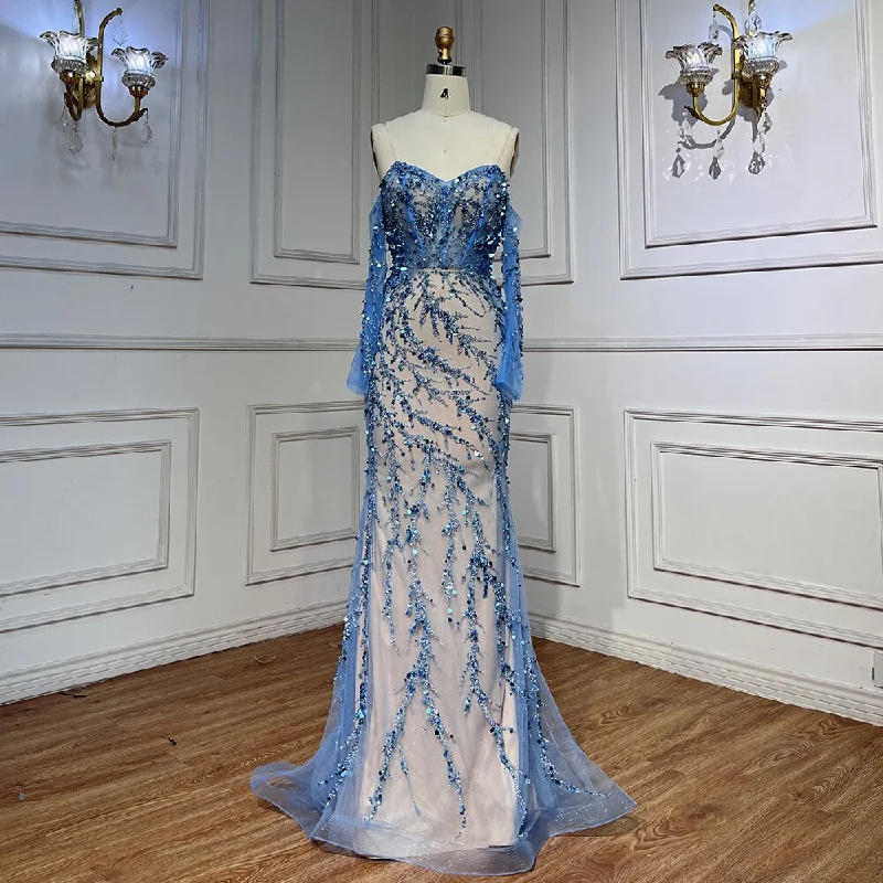 Serene Hill Blue Boat Neck Long Sleeves Mermaid Evening Dresses 2024 Formal Gowns For Women Wedding Party LA71653C