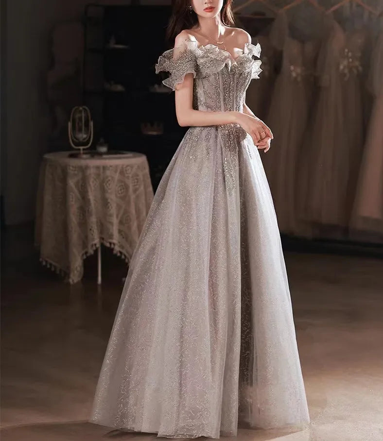 Wjczt Elegant Gray Flowers Evening dress Off Shoulder Shiny Sequin Lace A-line Ruched Lace up Woman Formal Party Prom Gowns 2024 New Wjczt Elegant Gray Flowers Evening dress Off Shoulder Shiny Sequin Lace A-line Ruched Lace up Woman Formal Party Prom Gowns 2024 New