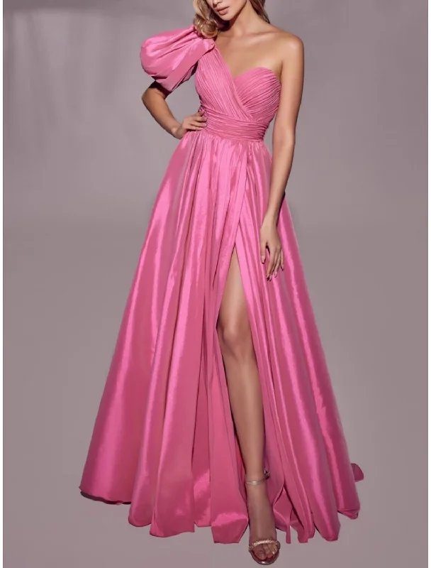 A-Line Evening Gown Elegant Dress Formal Sweep / Brush Train Short Sleeve One Shoulder Satin with Pleats Ruched Slit A-Line Evening Gown Elegant Dress Formal Sweep / Brush Train Short Sleeve One Shoulder Satin with Pleats Ruched Slit