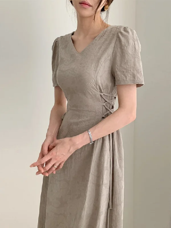 Wjczt Dresses Women Summer Beige Dress Jacquard Elegant Drawstring Clothes V-neck 2023 Fashion Korean Short Sleeve High Waist Wjczt Dresses Women Summer Beige Dress Jacquard Elegant Drawstring Clothes V-neck 2023 Fashion Korean Short Sleeve High Waist