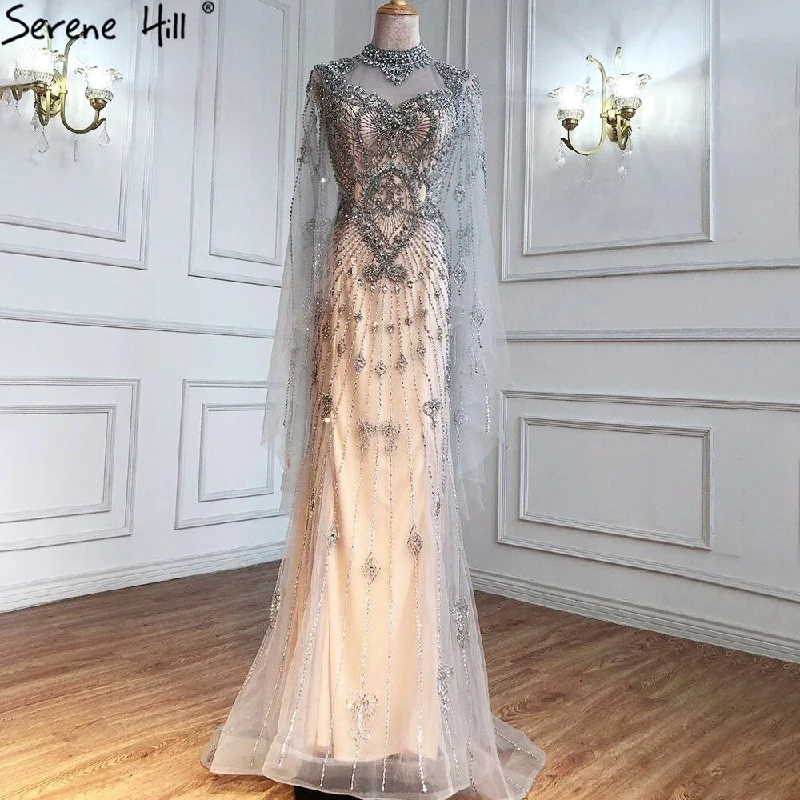 Serene Hill Luxury Grey Nude Cape Sleeves Evening Dresses Gowns 2024 Beaded Mermaid Elegant Sexy For Woman Party  LA71187