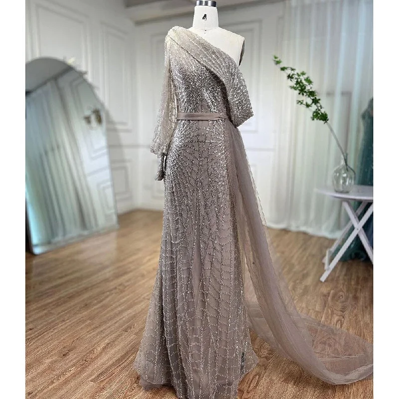Serene Hill Mermaid Caramel One Shoulder Overskirt Beaded Luxury Evening Dresses Gowns 2024 For Women Wedding Party LA72128 Serene Hill Mermaid Caramel One Shoulder Overskirt Beaded Luxury Evening Dresses Gowns 2024 For Women Wedding Party LA72128