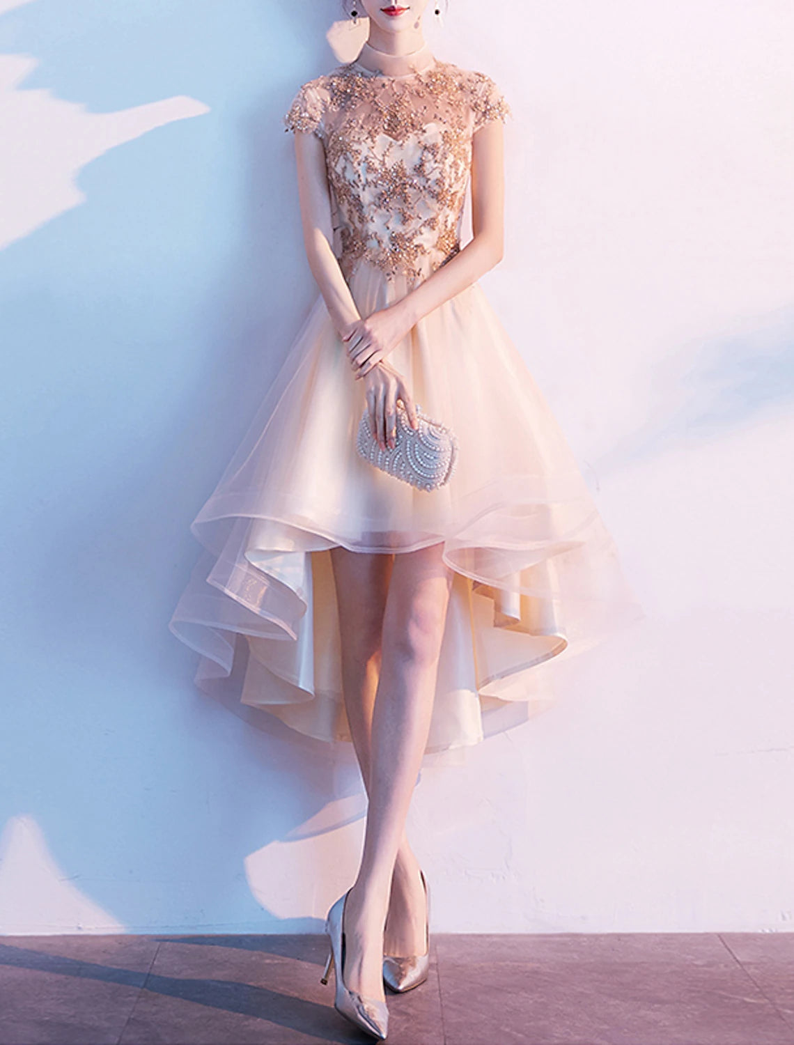 A-Line Cocktail Dresses Chinese Style Dress Wedding Guest Homecoming Asymmetrical Short Sleeve High Neck Tulle with Pleats Appliques A-Line Cocktail Dresses Chinese Style Dress Wedding Guest Homecoming Asymmetrical Short Sleeve High Neck Tulle with Pleats Appliques