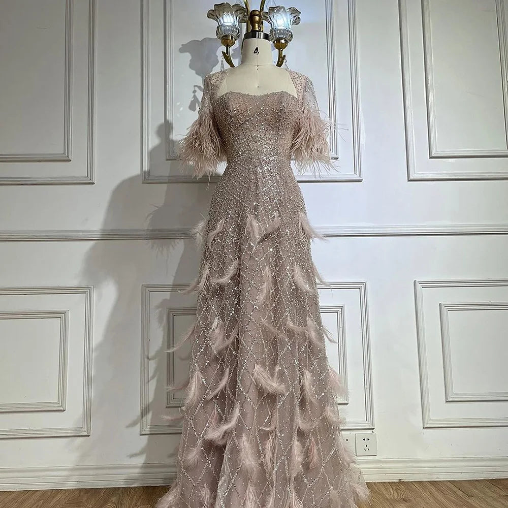 Serene Hill 2024 Arabic Pink Luxury Dubai Evening Gown A-Line Elegant Feathers Beaded Dress for Women's Party LA72693 Serene Hill 2024 Arabic Pink Luxury Dubai Evening Gown A-Line Elegant Feathers Beaded Dress for Women's Party LA72693