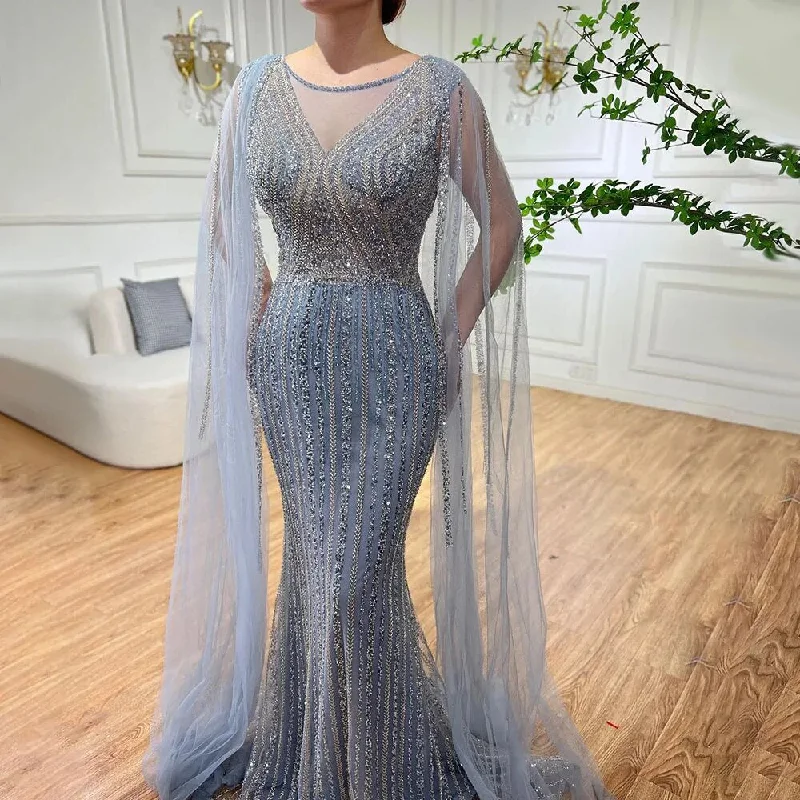 Serene Hill Blue Mermaid Elegant Cape Sleeves Beaded Arabic Long Evening Dresses Gowns For Women Wedding Party 2024 LA72173 Serene Hill Blue Mermaid Elegant Cape Sleeves Beaded Arabic Long Evening Dresses Gowns For Women Wedding Party 2024 LA72173