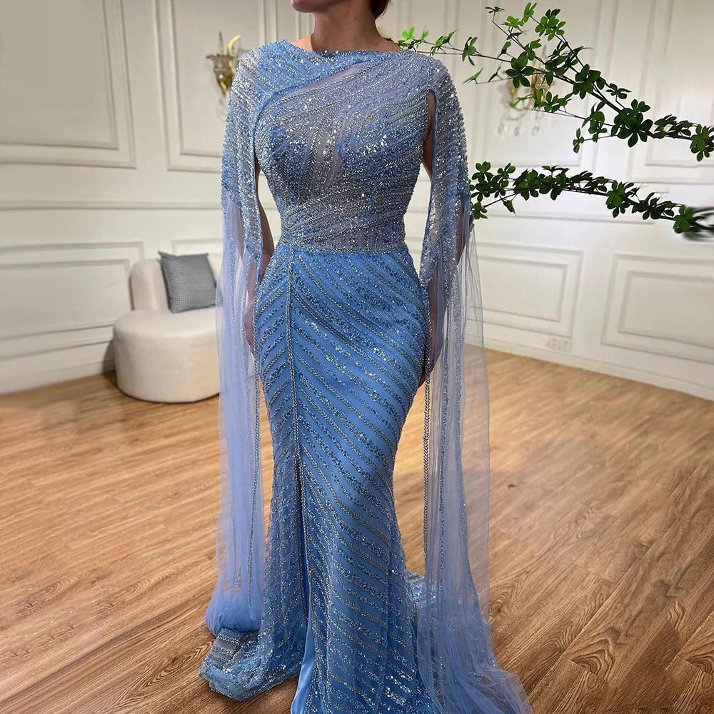 Serene Hill Arabic Blue Mermaid Elegant Cape Sleeves Split Beaded Evening Dresses Gowns For Women Wedding Party 2024 LA72084 Serene Hill Arabic Blue Mermaid Elegant Cape Sleeves Split Beaded Evening Dresses Gowns For Women Wedding Party 2024 LA72084