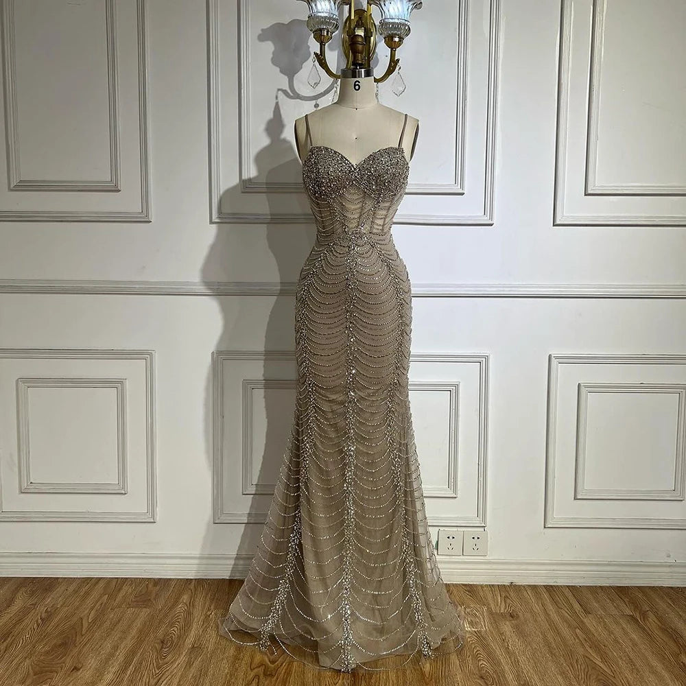 Serene Hill 2024 Arabic Caramel Spaghetti Strap Mermaid Lace-Up Evening Gown Beaded Dress for Women's Party LA72645 Serene Hill 2024 Arabic Caramel Spaghetti Strap Mermaid Lace-Up Evening Gown Beaded Dress for Women's Party LA72645