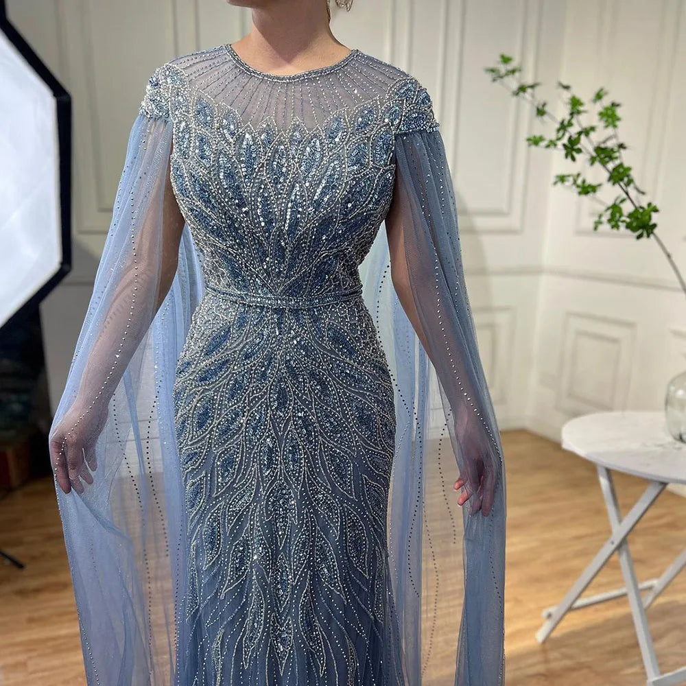 Serene Hill Arabic Blue Cape Sleeves Mermaid Beaded Luxury Long Evening Dresses Gowns For Women Wedding Party 2024 LA71999 Serene Hill Arabic Blue Cape Sleeves Mermaid Beaded Luxury Long Evening Dresses Gowns For Women Wedding Party 2024 LA71999