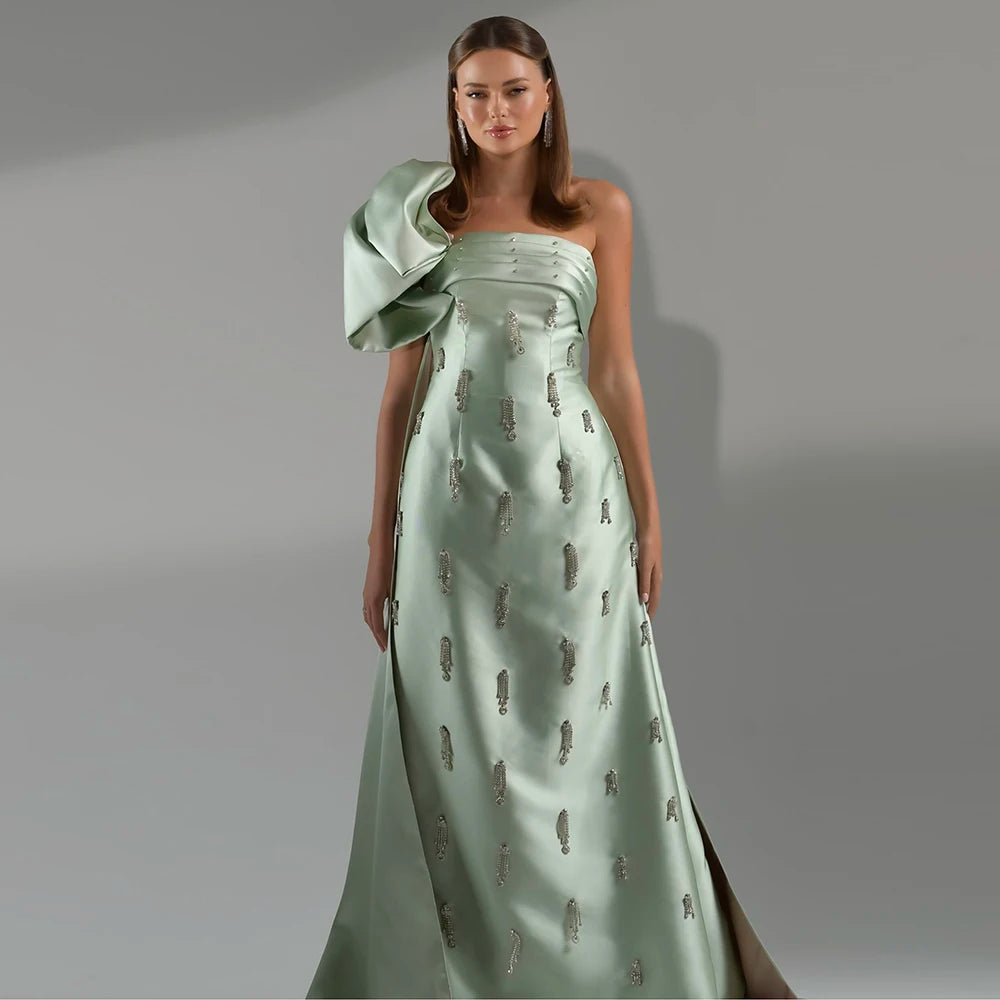 Serene Hill Arabic Sage Green One Shoulder with Cape Luxury Crystal Dubai Evening Dress Gowns for Women's Wedding Party LA72412 Serene Hill Arabic Sage Green One Shoulder with Cape Luxury Crystal Dubai Evening Dress Gowns for Women's Wedding Party LA72412