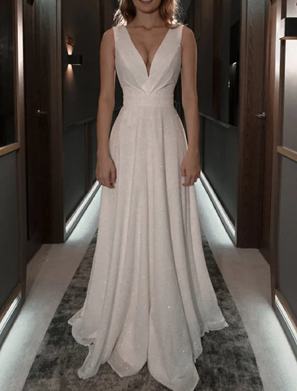 A-Line Prom Dresses Glittering Dress Wedding Party Birthday Sweep / Brush Train Sleeveless V Neck Fall Wedding Reception Tulle with Sequin A-Line Prom Dresses Glittering Dress Wedding Party Birthday Sweep / Brush Train Sleeveless V Neck Fall Wedding Reception Tulle with Sequin